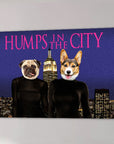 Personalized canvas featuring a pug and corgi in black outfits against a city skyline with "Humps in the City" text.