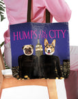 Personalized 2 pet tote bag with a pug and corgi portrait in "Humps in the City" style.