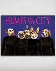 Personalized 'Humps in the City' poster featuring four pets' faces on black-clad bodies with a city skyline background.