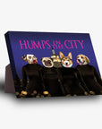 Personalized "Humps in the City" standing canvas featuring four pet portraits on black bodies with a city skyline background.