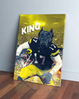 Custom pet canvas featuring a black dog in a black and yellow football uniform with "KING" text.