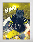Personalized matte poster featuring a black dog in a football uniform with "KING" text, against a yellow stadium background.