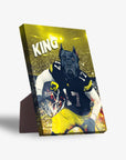Personalized pet standing canvas featuring a black dog in a black and yellow football uniform, with "KING" text.