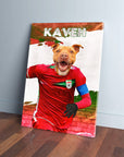 Personalized canvas of a pit bull in a red Iran soccer jersey, with "KAVEH" above.