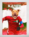 Personalized matte poster featuring a pit bull's head on a soccer player in a red Iran jersey.