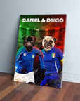 Personalized canvas of two pugs in blue Italian soccer jerseys against a red and green stadium backdrop.