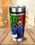 Personalized stainless steel tumbler with two pugs in Italian soccer jerseys, set against a red and green background.