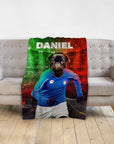 Personalized pet blanket with a pug in an Italy soccer uniform, set against a red and green background.