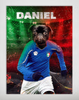 Personalized 'Italy Doggos Soccer' poster featuring a pug in a blue Italian football jersey on a green and red background.