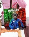 Personalized tote bag with a custom dog portrait in an Italy soccer jersey, featuring a green and red background.