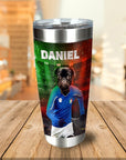 Personalized stainless steel tumbler with a cartoon pug in an Italy soccer uniform and "DANIEL" text.