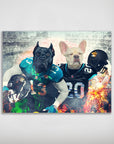 Personalized matte poster featuring two pets as football players in Jacksonville Doggos jerseys.