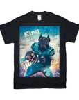 Black Gildan t-shirt featuring a personalized graphic of a black dog in a teal football uniform.