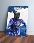 Personalized pet canvas featuring a black dog's head on a running soccer player in a blue Japan jersey.