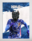 Personalized pet poster featuring a black dog's head on a running soccer player in a blue Japan Doggos jersey.