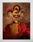 Personalized 'Jester Doggo' pet poster featuring a boxer in a colorful jester hat and red and gold costume.