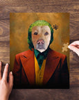 Personalized 'Joker Doggo' pet puzzle featuring a dog's face on a Joker-style portrait.