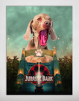Personalized 'Jurassic Bark' poster featuring a Weimaraner dog roaring over a park entrance.