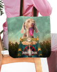 Personalized 'Jurassic Bark' tote bag with a custom dog portrait in a movie poster style.