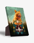 Personalized 'Jurassic Meow' standing canvas featuring a giant yawning orange cat behind a Jurassic Park-style gate.
