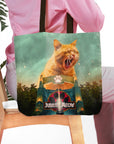 Personalized 'Jurassic Meow' tote bag with a custom cat portrait in a Jurassic Park style.