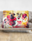 Personalized pet blanket featuring two dogs in Kansas City Chiefs football uniforms.