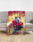 Personalized pet blanket with a husky dog in a red football uniform, named "Chucky.