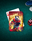 Personalized playing card featuring a husky dog as a football player, with an Ace of Hearts behind it.