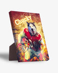 Personalized pet standing canvas featuring a wolf in a red football uniform with "Chucky" text.