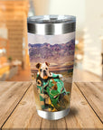 Personalized stainless steel tumbler with a bulldog pet portrait riding a green motorcycle in a desert landscape.