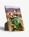 Personalized 'Kawadawgi Riders' standing canvas featuring two pets on a green motorcycle in a desert landscape.