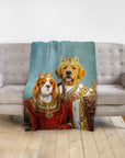 Personalized 2 pet blanket with a Cavalier King Charles Spaniel and Golden Retriever in royal renaissance portraits.