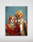 Custom 'King and Queen' portrait poster featuring a Cavalier King Charles Spaniel and a Golden Retriever in regal attire.