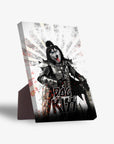 Personalized standing canvas featuring a husky dog in Kiss-style armor holding a guitar, with a white and red sunburst background.