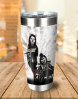Personalized 2 pet stainless steel tumbler with custom dog portraits in rock band costumes.