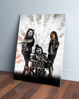 Personalized 'Kiss Doggos' canvas featuring three pets as rock stars in black leather outfits.