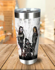 Personalized 3-pet stainless steel tumbler featuring dogs in a "Dog Kiss" rock band style.