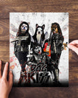 Personalized 'Kiss Doggos' puzzle featuring four pets as rock band members in black and silver costumes.