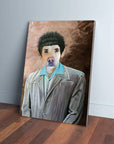Personalized pet canvas featuring a dog's face on a human body with dark curly hair and a gray striped suit.