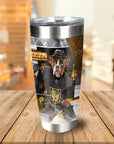 Personalized stainless steel tumbler with a custom dog portrait in a hockey uniform.