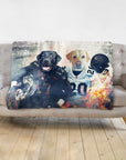 Personalized custom pet blanket featuring two dogs in Las Vegas Raiders football uniforms.