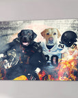 Personalized 'Las Vegas Doggos' canvas featuring two dogs in football uniforms with helmets, surrounded by fire.