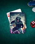 Personalized playing card featuring a black dog in a football uniform, "Smiley" text, on a green felt table.