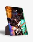 Personalized pet standing canvas featuring a black dog as a rockstar playing a white bass guitar.