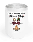 White 12oz stainless steel wine tumbler with custom cartoon portraits of a couple and their golden retriever dog.