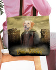 Personalized "Lord of the Woofs" tote bag with a custom dog portrait in a fantasy setting.
