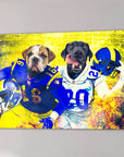 Personalized 'Los Angeles Doggos' canvas featuring two pets in blue and yellow football uniforms.