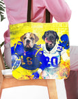 Personalized Los Angeles Doggos 2 pet tote bag featuring a bulldog and black lab in football uniforms.