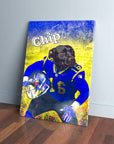 Personalized 'Los Angeles Doggos' canvas featuring a black dog in a blue football uniform with "Chip" on top.