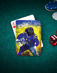 Personalized playing card featuring a black pit bull in a blue football uniform on a green felt table.